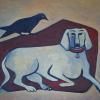 "Dog & Crow" 26" x 24" framed oil, Sold